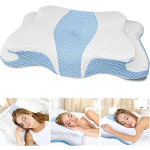 Memory Foam Pillows, Cervical Pillow for Neck and Shoulder Pain Relief, Ergonomic Contour Bed Pillow, Soft for Side Sleep Stomach Sleeping and Back Sleeper (Queen Size-24.8''Lx14.96''Wx5.78''H, Light Blue)