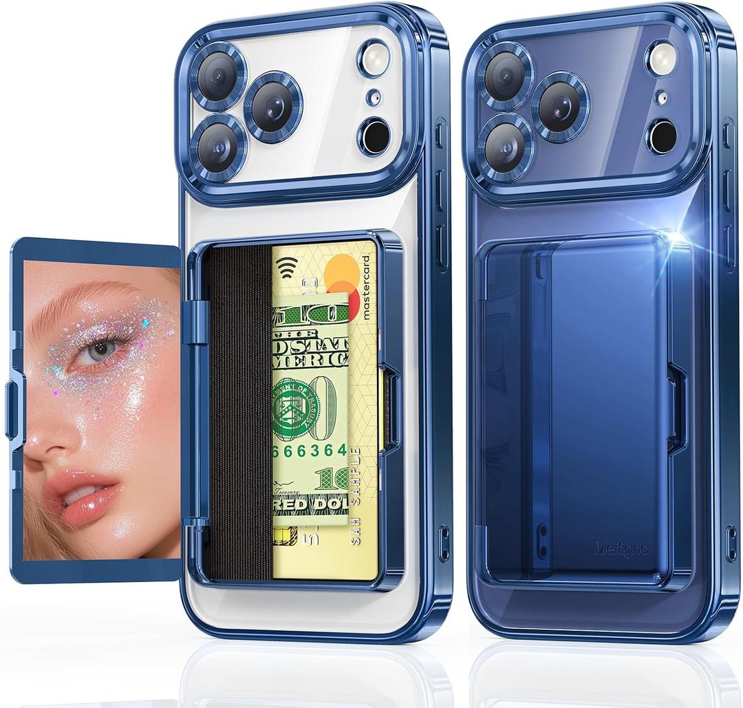 Meifigno Designed for iPhone 17 Pro Max Case Wallet (3-4 Cards & Cash), Built-in Mirror & Kickstand, Surround Raised Lens Protection, for 17 Pro Max Case with Card Holder for Women (6.9"), Deep Blue