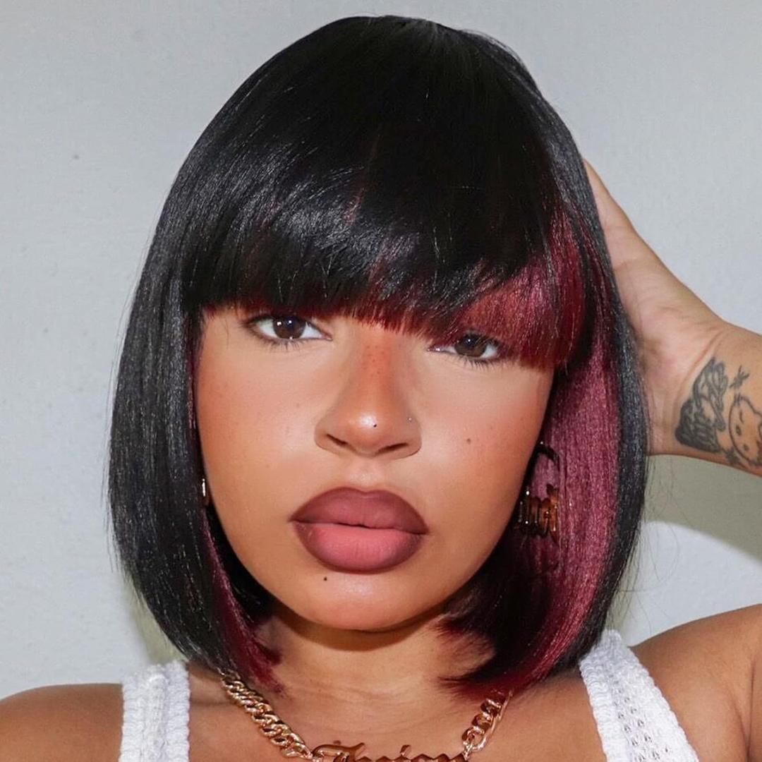ToyoTress Peek-a-boo Color Bob Wig With Bangs - 8 Inch Black Mix Burgundy Wine Red Blunt Cut Bob Wigs For Black Women, Short Straight Light Yaki Synthetic Daily Costume Cosplay Wigs (8 Inch, SH/Burg)