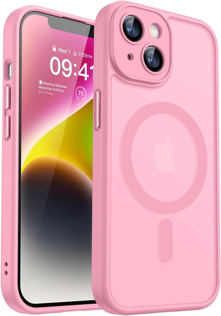 CANSHN Magnetic for iPhone 14 Case, Upgraded [Full Camera Protection] [Compatible with Magsafe] [Translucent Matte] Shockproof Protective Phone Case for iPhone 14 6.1" - Pink