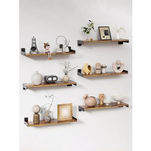 Floating Shelves for Wall, Shelves for Decor Storage Set of 6, Wall Mounted Wood Shelf for Bedroom, Living Room, Bathroom, Kitchen,Long Picture Ledge Shelves. (Brown), 15.7 Inches X 5.1 Inches X 1.7 Inches