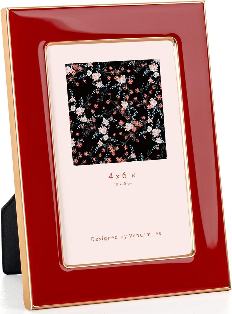 4x6 Enamel Picture Frame, Gold Metal Edge with Easel, Real Glass Photo Frame for Wall and Tabletop Display Family Office Photo Gallery, Red Enamel/1pc