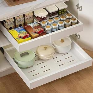 1 Pc Expandable Pull Out Cabinet Organizer - Deep Adjustable Sliding Peel and Stick Pull Out Drawer, Roll Out Shelf for Organization, 4 Adhesive Hooks, 16.5" Deep, Expandable 12"-20.5'' Width, White