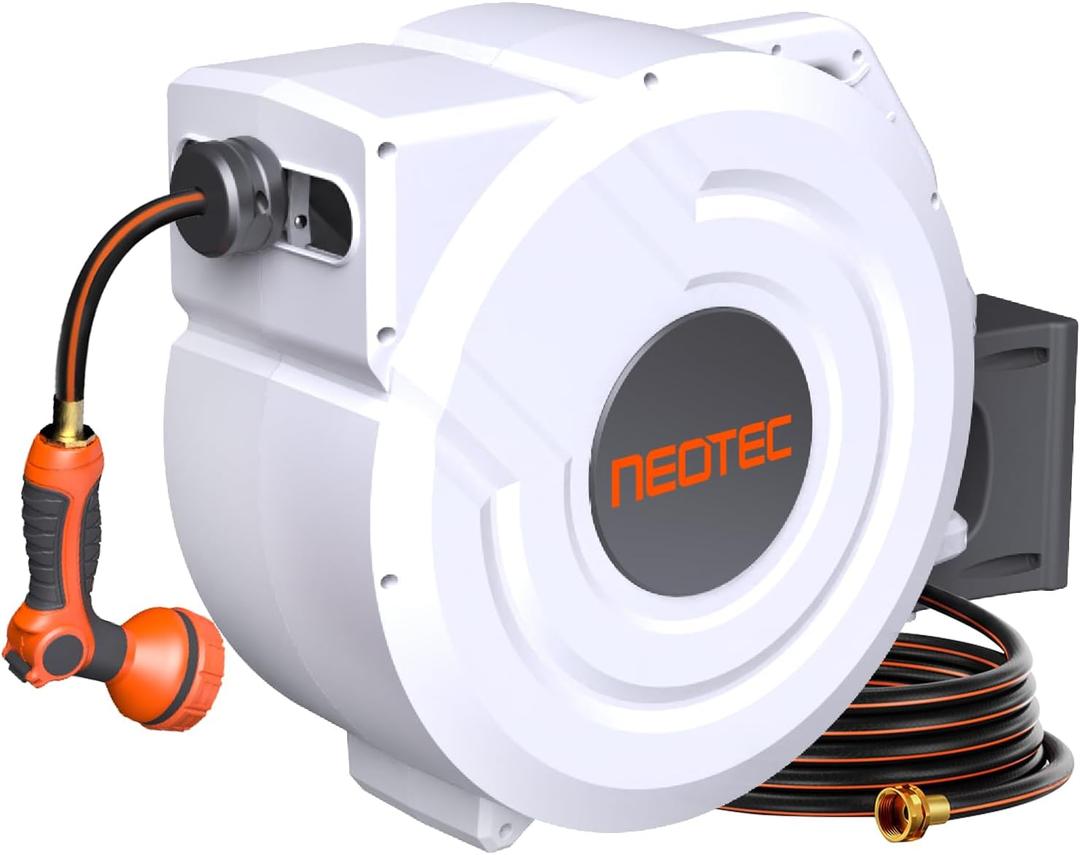 5/8 Inch 100ft Retractable Garden Hose Reel with Any-Length Lock Slow Auto Rewind Heavy Duty Hose Reel With 9-Pattern Nozzle 180 Swivel Bracket UV Resistant Wall Mounted Hose Reel for Outside