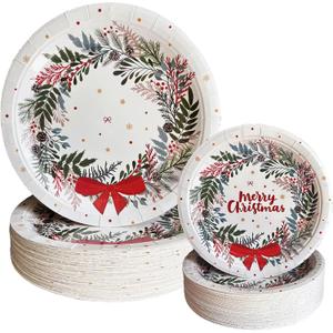 100 Pcs Christmas Paper Plates Set 9 Inch 7 Inch Disposable Merry Christmas Tableware Party Supplies for Xmas Wedding Winter Holiday New Year Party Dinnerware Table Decoration
