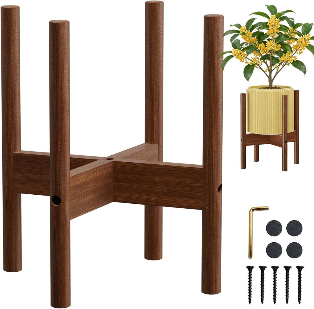 ALIGADO Bamboo Plant Stand Indoor, for Up to 10 Inch Pots, Built to Fit Corners, Sturdy & Stable Design, Walnut Finish