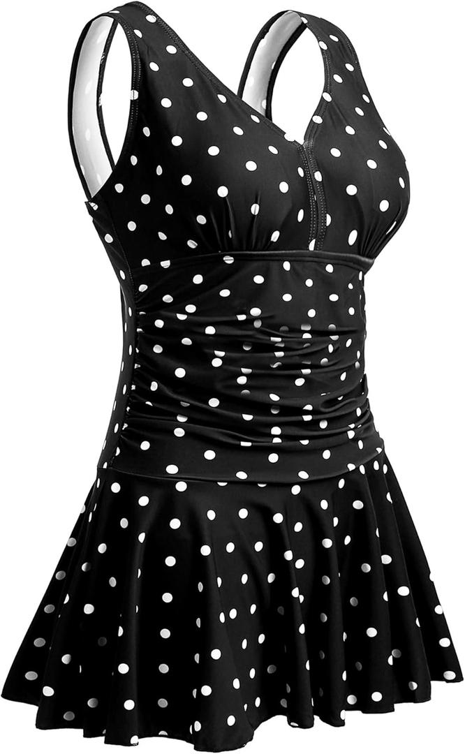 MiYang Women's Plus-Size Flower Printing Shaping Body One Piece Swim Dresses Swimsuit (22-24, Black Polka Dot)
