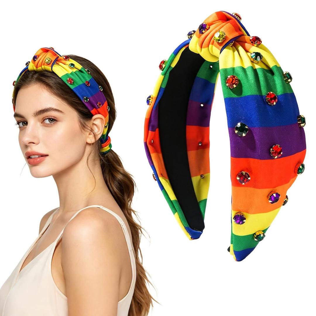 2 x Rainbow Knotted Headband for Women, Pride Headband with Rhinestones, LGBTQ Pride Hair Accessories for Pride Parade, Festival, Party, Daily Wear and Gay Pride Events