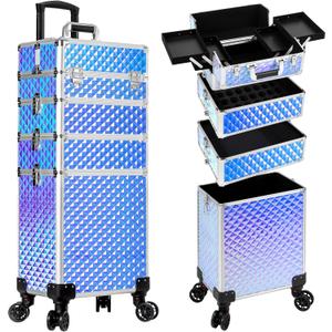 AROUS Rolling Makeup Train Case 4 in 1 Cosmetology Case on Wheels Large Storage Cosmetic Trolley with Key Salon Barber Case Traveling Cart Trunk, Colorful