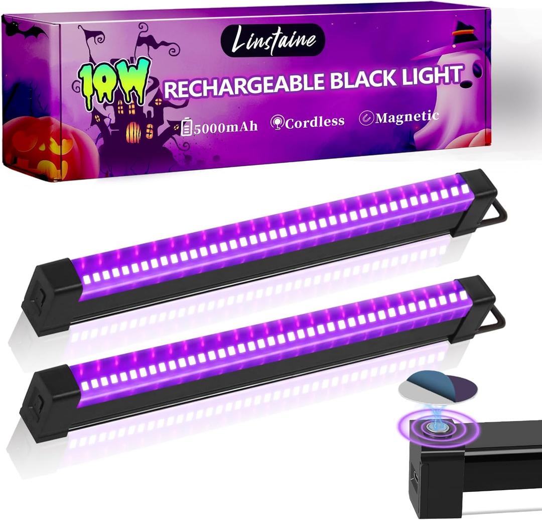 2 Pack Rechargeable Black Light Bar, 5000mAh Large Capacity Battery Powered Black Lights for Glow Party, Portable Blacklight Party Supplies for Uranium Glass, Poster, Bedroom, Halloween