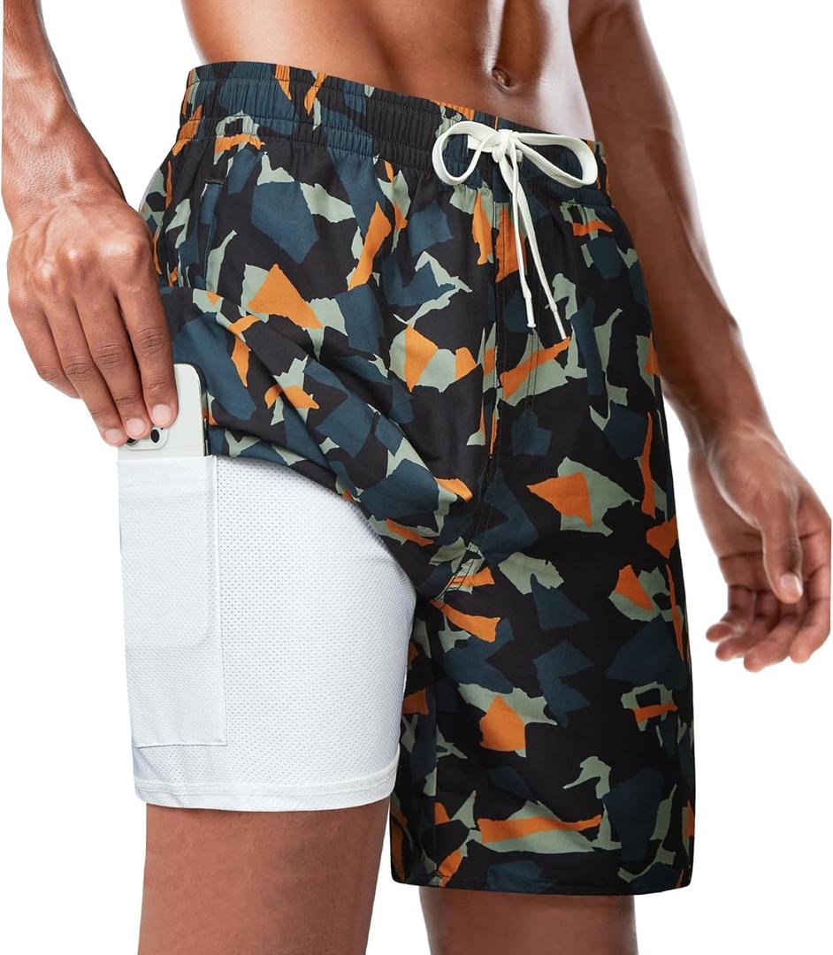 HOTSUIT Mens Swim Trunks with Compression Liner Quick Dry Bathing Suits 7 Inch Swimming 2 in 1 Shorts with Zip Pockets