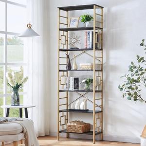 HOMISSUE Bookcase,7-Tier Tall Bookshelf Metal Bookcase and Bookshelves, Free Standing Storage Modern Bookshelf for Home Office Living Room and Bedroom, Black & Gold (7-Tier23.6"W x 84.4"H)