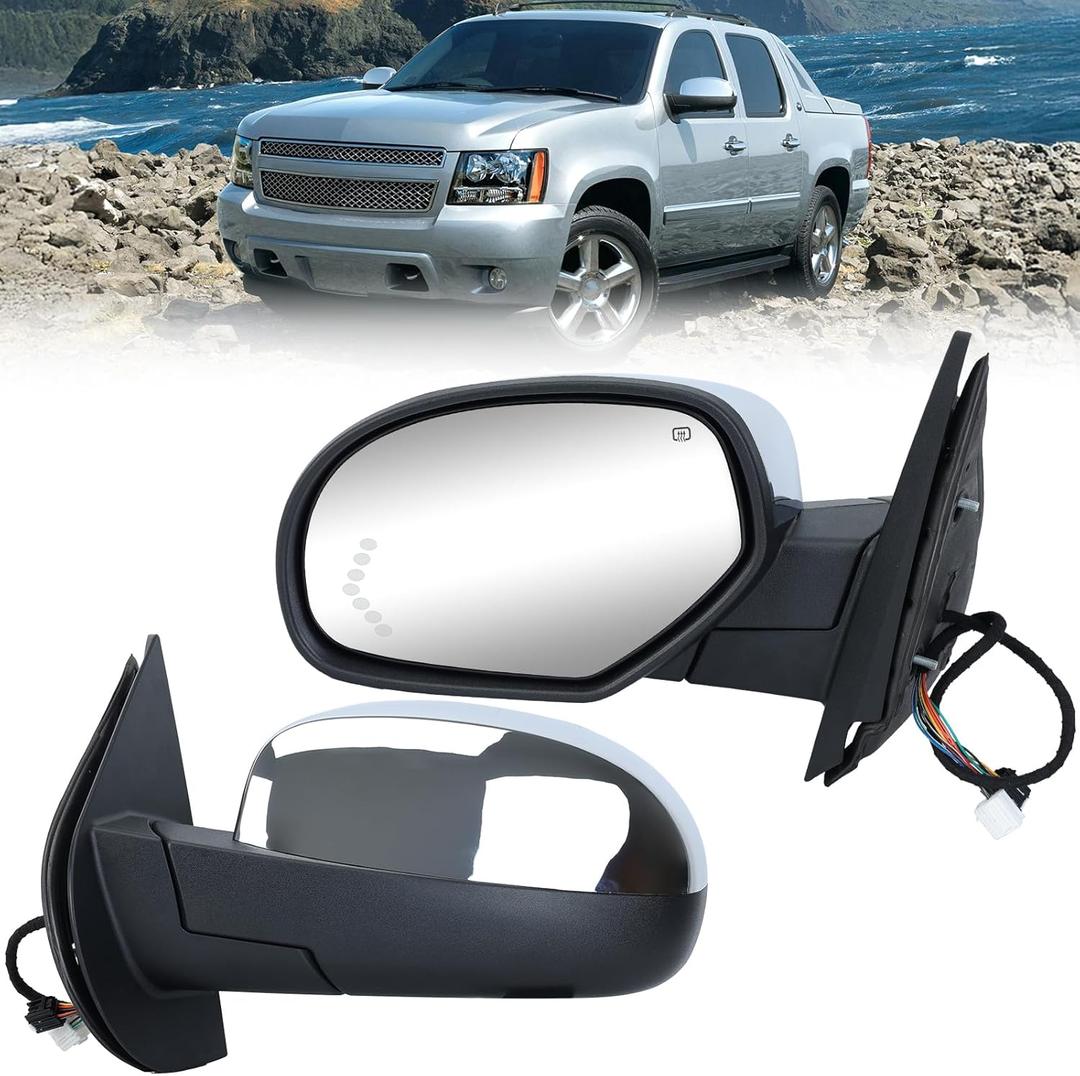 Chrome Driver Power Folding Side Mirror Compatible with 2007-2014 Chevy Suburban Tahoe Silverado Avalanche/GMC Yukon Sierra Heated/with Puddle Light/Turn Signal Indicator Left Mirrors