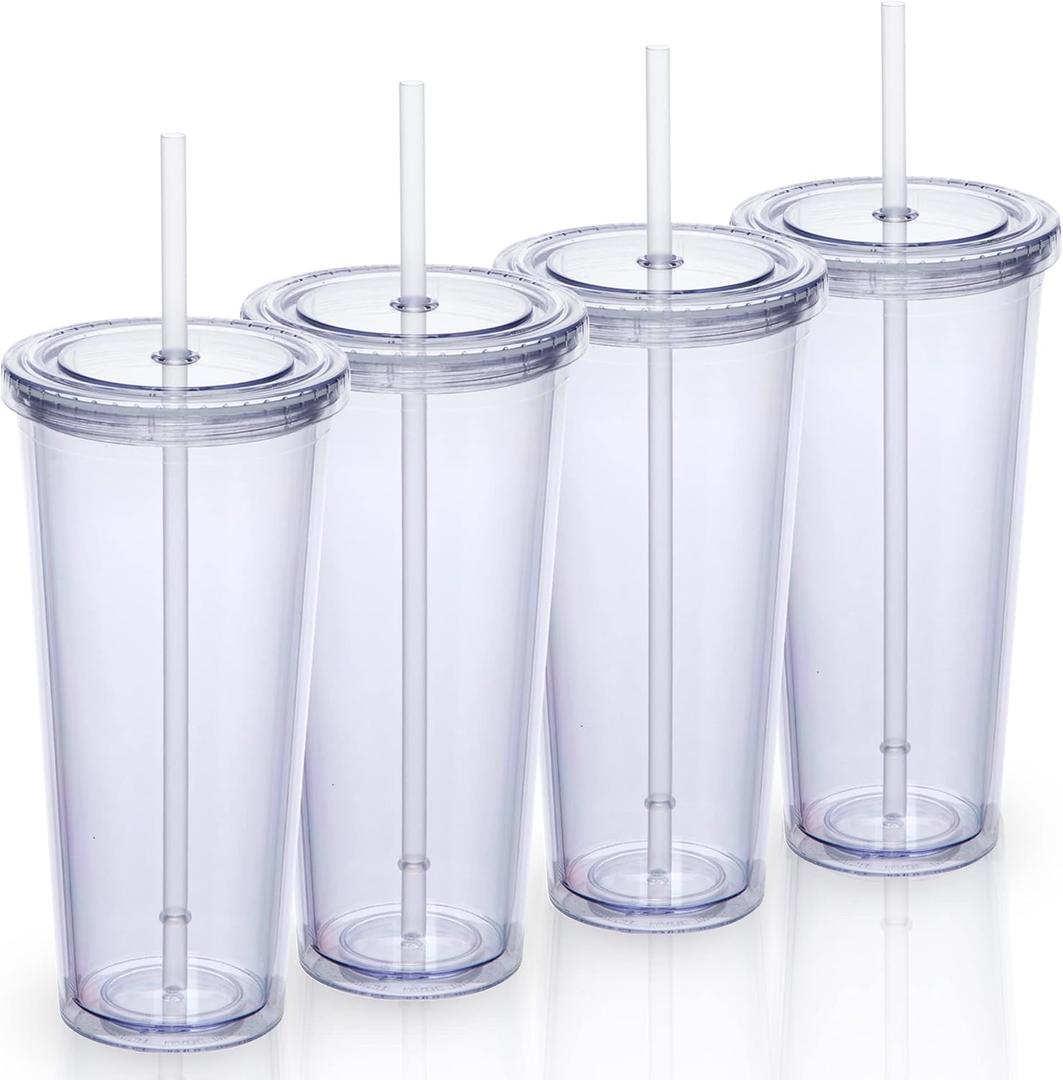 24oz Double Wall Plastic Tumblers with Lids and Straws | Large Classic Travel Tumbler | 4 Pack Set of 4 | Clear Reusable Cups with Straws | BPA Free, 4 Count