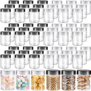 Sliner 59 Pcs 8 oz Plastic Jars with Lids Clear Round Leakproof Storage Containers Empty Refillable Plastic Mason Jars for Travel Storage Face Creams Kitchen Household Food Spice (Clear And Black)