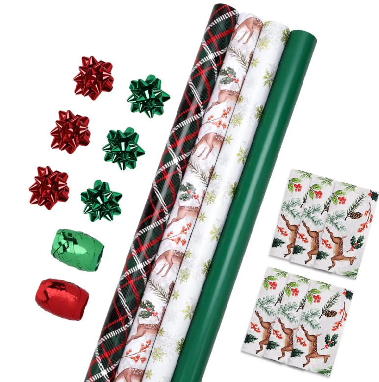 LaRibbons Christmas Wrapping Paper Set, Reindeer & Snowflake Design with Gift Bow & Ribbons & Tags, Perfect for Holiday, Party, Xmas Celebration,30 Inch X 10 Feet (4Rolls, 100 sq.ft.ttl.)