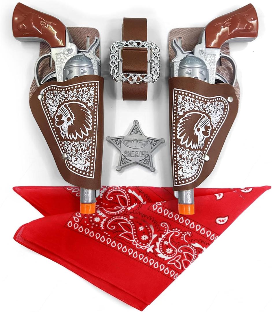 7Pc's Cowboy Costume Set for Adults & Teens 2 Toy Prop with Dual Holsters, Belt, Sheriff Badge & Bandana | Western Cowboy Dress-Up Accessories for Halloween, Role Play & Theme Parties