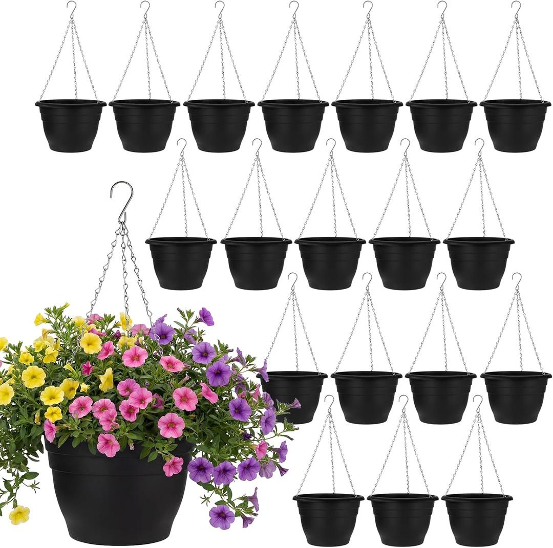 20 Pack 10 Inch Plastic Hanging Planter Bulk Black Hanging Baskets for Plants with Drainage Trays Self Watering Plant Pot Outdoor Indoor Planter for Garden, Balcony, Porch, Patio Decor