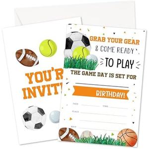Sports Birthday Invitations, All Star Invites Cards For Boys Girls, Birthday Party Celebration Favors Supplies, 20pcs Sports Party Fill In Invitation Cards With Envelopes -17