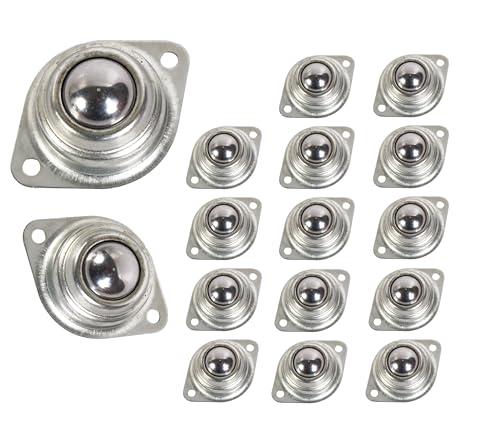 HLMOptimo 1” Rolling Ball Transfers 16 pcs, Universal Transfer Bearings of 400 Lbs Load Capacity, Two-Hole Flange Mounted Roller Bearings for Conveyor Transmission Furniture Wheelchair