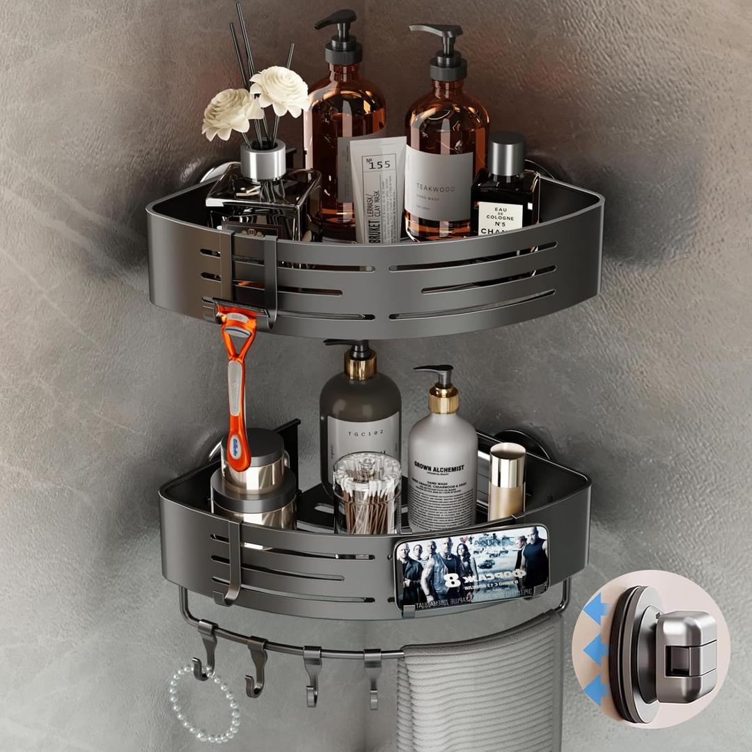Voldra Corner Shower Caddy Suction Cup, Corner Shower Shelves No Drilling, Aluminum Upgrade Suction Cup Shower Organizer with Towel Bar & Hooks Removable Bathroom Storage Rack (2 Pack, Matte Gray)