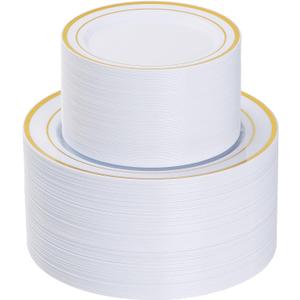 Goodluck 200PCS Gold Plastic Plates, Heavy Duty Disposable Gold Plates with 100 10.25 inch Dinner Plates and 100 7.5 inch Dessert Plates for Party, Holiday, Wedding, Thanksgiving