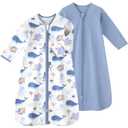 Baby Sleep Sack 6-12 Months, Long Sleeve Baby Wearable Blanket 0.5 Tog with Mittens, 2-Way Zipper Infant Cotton Sleeping Sack for Boy and Girl Blue Sea 2 Pack (Medium)