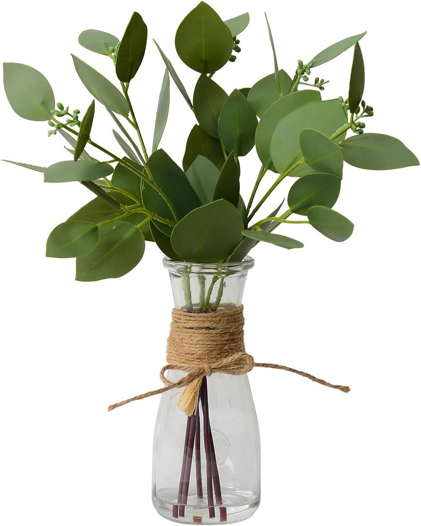 Artificial Eucalyptus Stems in Glass Vase with Faux Water for Table Centerpieces, Fake Eucalyptus Stems and Leaves Greenery in Vase for Home Office Decor