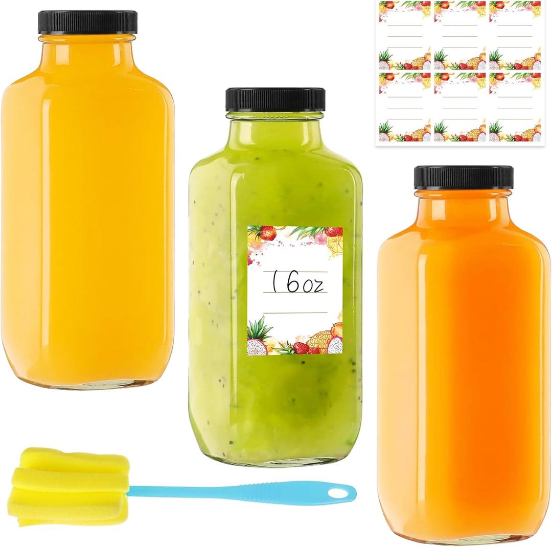 16 oz Glass Juice Bottles with Lids 3-Pack - Large Reusable Glass Containers for Smoothie Meal Prep & Kombucha Brewing