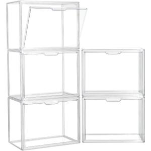 Clear Storage Bins with Lids, 5 Pack Acrylic Display Case with Magnetic Door for Cosmetic Collectibles Large Figures Models, Stackable Acrylic Storage Box for Home Office Living Room Dorm