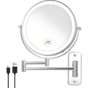 JANEEVA 8" Wall Mounted Lighted Makeup Mirror,Rechargeable Double Sided 1X/10X Magnifying Mirror with 3 Color Lights,Touch Dimmable Bathroom Vanity Mirror with 360°Swivel Extendable Arm Chrome