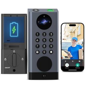 eLinkSmart Smart Door Lock with Camera Deadbolt with Video Doorbell PIR Motion Detection Front Door Lock with Fingerprint Keypad Code Long-Lasting Battery Built-in Wi-Fi No hub Required No Drilling