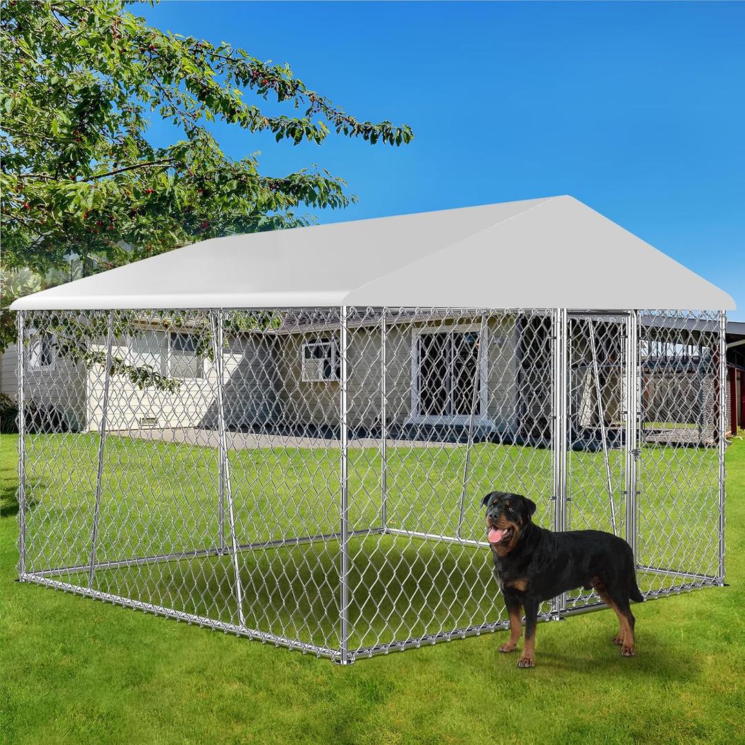 Lyromix Upgraded 1010FT Outdoor Dog Kennel with Roof, Large Dog House Pen Enclosure with Sidebar, Heavy Duty Chain Link Kennel with Lock for Outside Backyard (XL-10107 FT)