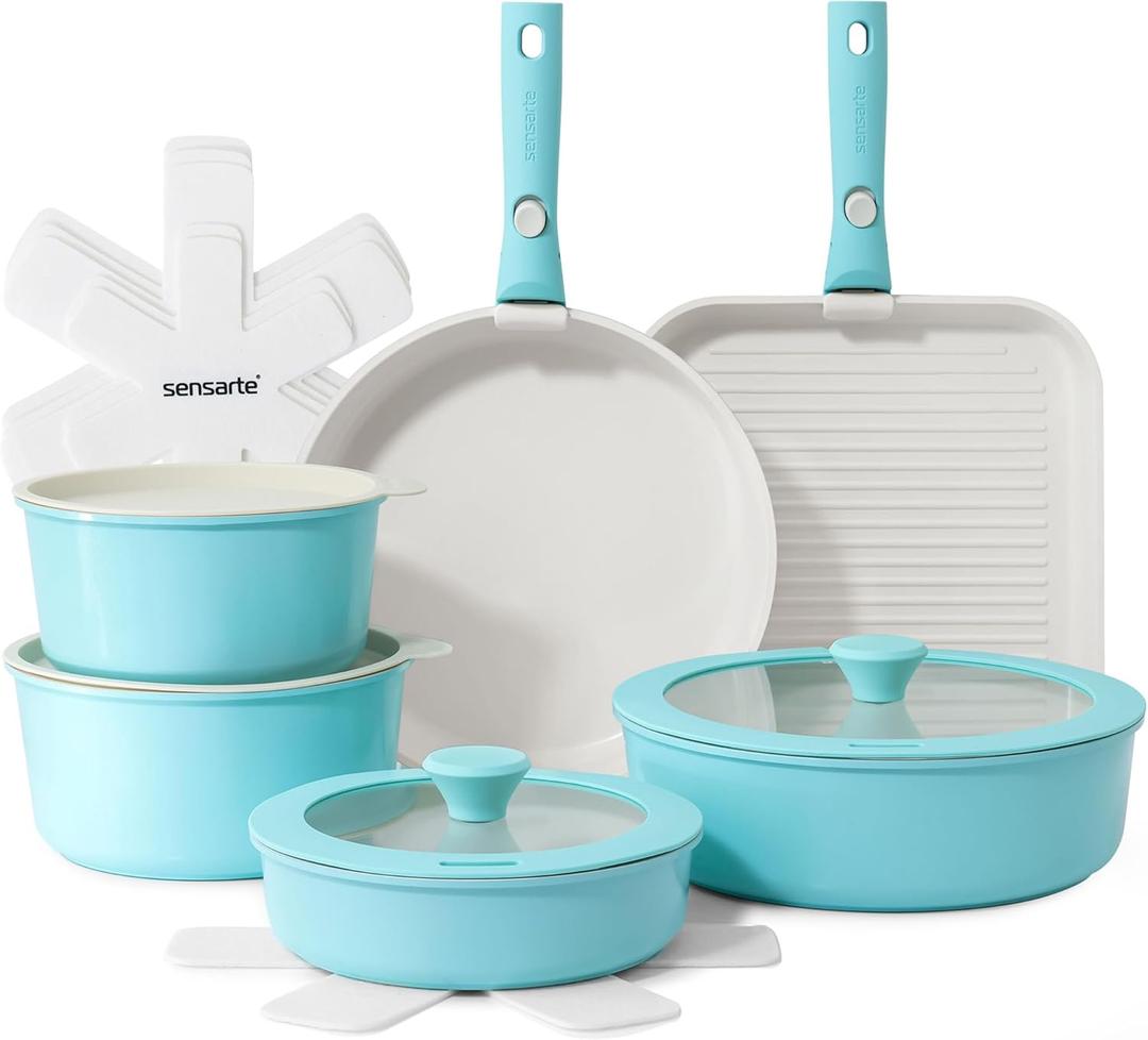 SENSARTE 17 Piece Ceramic Pots and Pans Set, Nonstick Detachable Handle Cookware, Induction Kitchen Cookware Set with Removable Handle, Dishwasher  Oven Safe (Turquoise)