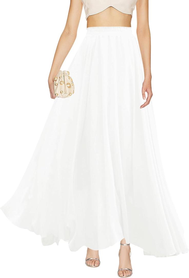 v28 Women Full/Ankle Length Elastic Pleated Retro Maxi Chiffon Long Skirt (White) XL 