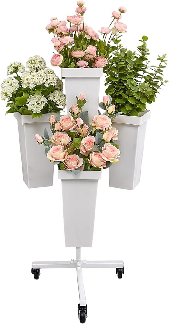 DYALE Flower Display Stand with Buckets - Flower Cart with Wheels for Bouquet Shop, Metal Flower Rack Display Stand for Wedding Garden, Party, Events (White, Square buckets)