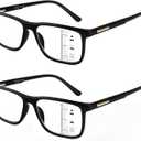 Missfive 2 Pack Multifocus Progressive Reading Glasses - Blue Light Blocking Anti UV/Eye Strain, Multifocal Computer Readers Spring Hinge No Line_for Mid-Near Range approx 3ft Vision, 2.0 (Classic Style, Lens Top is Not 0 / 2 Glossy Black)