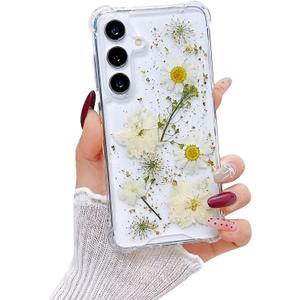 Lewrtser Compatible with Samsung Galaxy S25 Plus Case Cute Pressed Dried Real Flowers Women Girly Shockproof Glitter Floral Clear Phone Cover S25+ (White Flower)