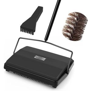 JEHONN Carpet Floor Sweeper Manual with Horsehair, Non Electric Quite Rug Roller Brush Push for Cleaning Pet Hair, Loose Debris, Lint (Black)