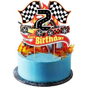 Maitys Race Car 2nd Birthday Cake Topper Race Car Theme Birthday Party Supplies Checkered Flag Cupcake Decorations Photo Props for Five Years Old