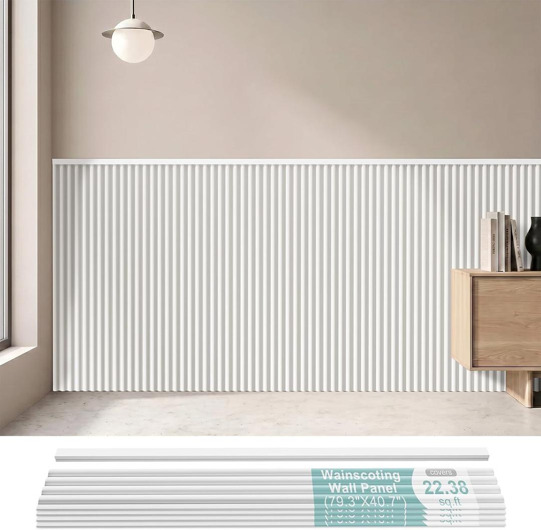 Wainscoting Panels, Board and Batten Wall Panel Kit, White PS Beadboard Wall Panels, Beaded Polystyrene Wall Board for Interior Wall Décor, 79.3”Wide X 40.7”High, Covers 22.38 Sq.Ft
