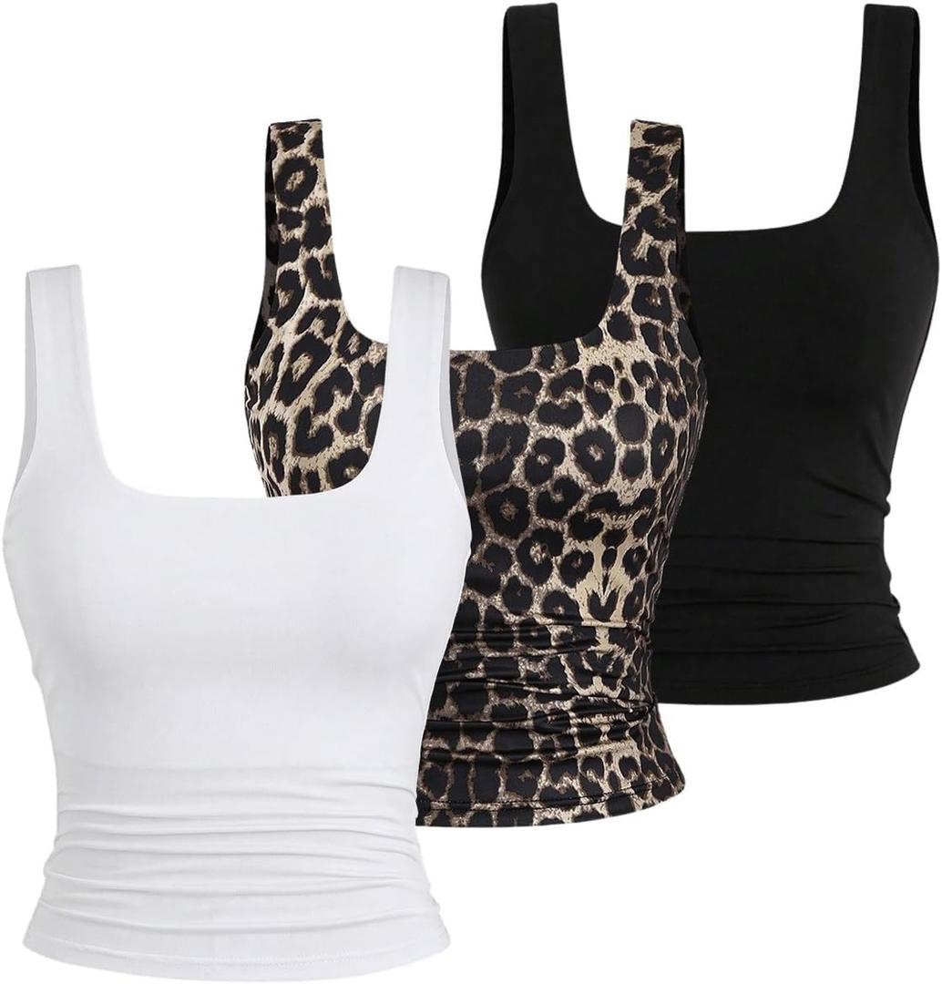 Women's Y2k Double Lined 3 Piece Crop Tank Top Sets Square Neck Sleeveless Ruched Tee Shirt Basic Tops Pack (Medium, Multicolor)