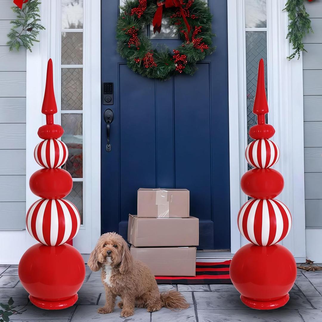 4Ft 2 Pcs Large Inatable Christmas Ornaments Balls Outdoor, Topiary Decorations for Urn Porch, Yard Garden Garden Easter Decor,Red