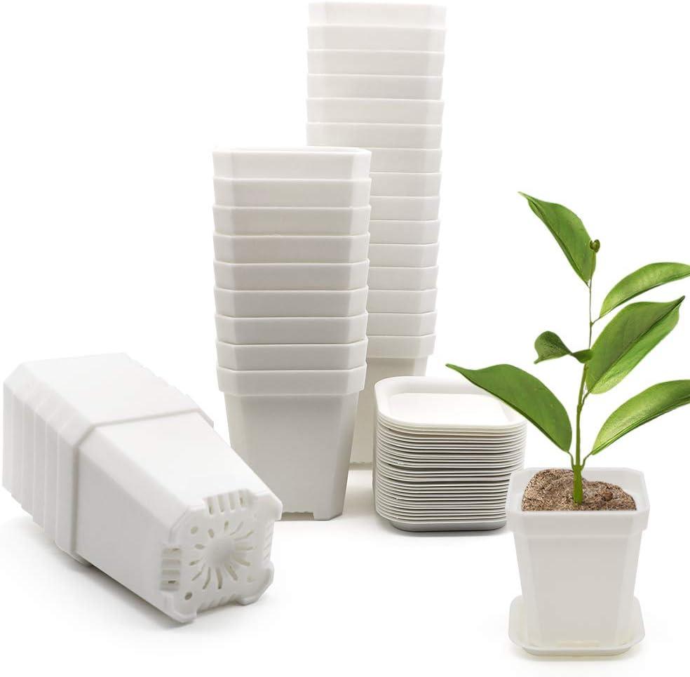 30 Pcs 3" Nursery Pot, Thick Plastic Square Flower Planting Pots, Plant Seedling Pots, 30 Seed Starting Pots with 30 Saucers - White