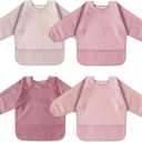 4 Pack Long Sleeve Bib, Reusable Bib with Catch-all Pocket (Pink)