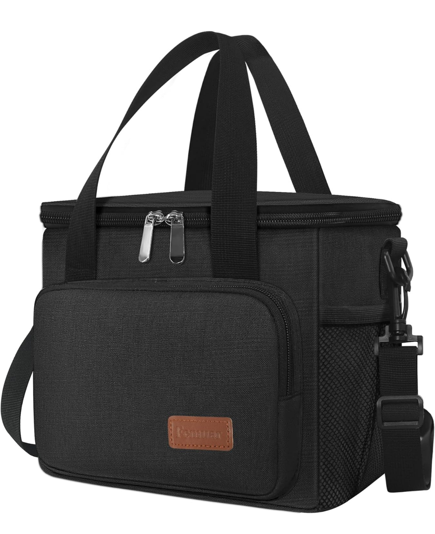 Femuar Reusable Lunch Box for Men/Women - Insulated Lunch Bag Leakproof Lunchbox for Work Office Picnic Beach - Freezable Lunch Cooler Bag with Adjustable Shoulder Strap - Black