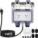 Kanayu Outdoor Outlet Box with 15ft Extension Cord, Dual 15 AMP 5-15 Receptacles Weatherproof Waterproof IP66 Outdoor Exterior Socket with Cover, 14 AWG/3C SJTW Cord