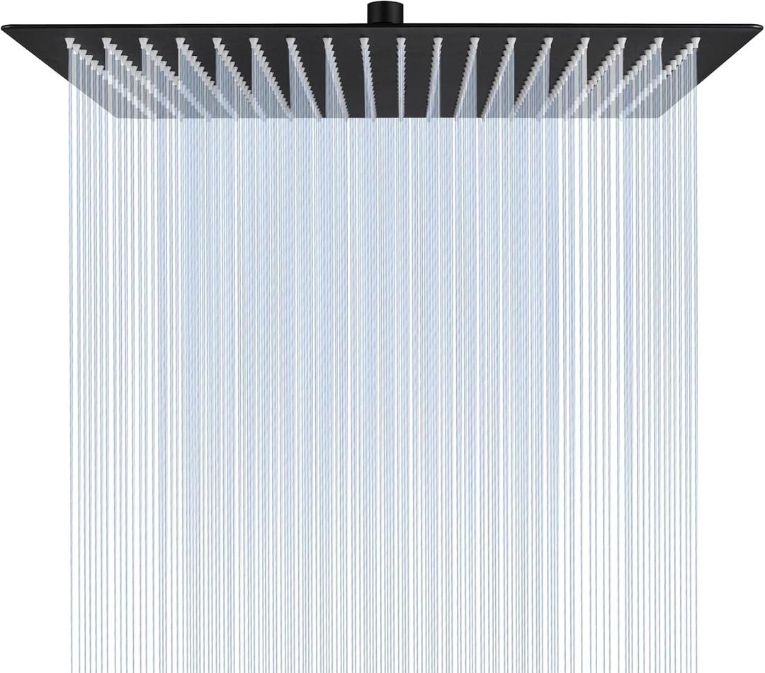 16 Inch Square Rain Shower Head, 304 Stainless Steel, Ultra Thin High Pressure Bathroom Rainfall Showerhead (Matte Black) (324 Jets)