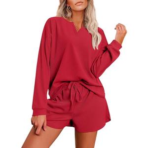 Ekouaer Pajama Set for Women Waffle Knit Lounge Sets Long Sleeve Top and Shorts Sleepwear Matching Loungewear,Red,S