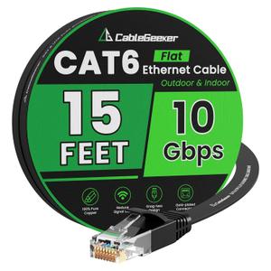 Cat 6 Ethernet Cable 15 ft, Indoor&Outdoor, High Speed 10Gbps Flat Internet Network Cable, Pure Copper Ethernet Patch Cable Long, Computer LAN Cable with Clips & Straps for Router, Modem, PS4/5, Black